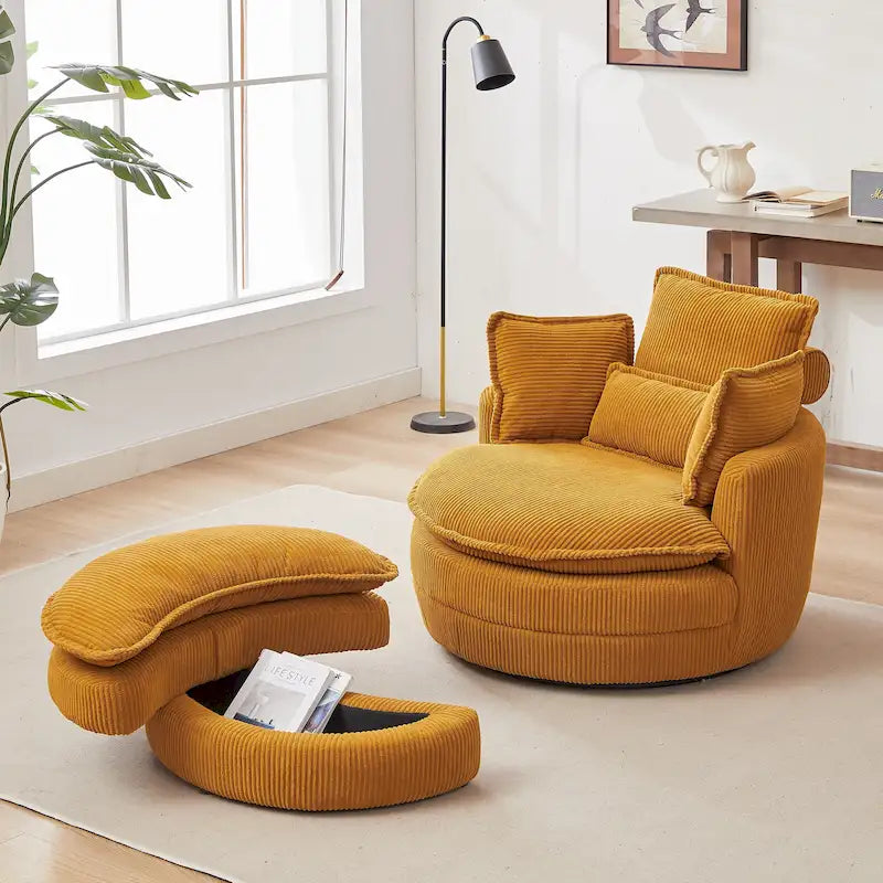 Oversized Swivel Barrel Chair with Storage Ottoman
