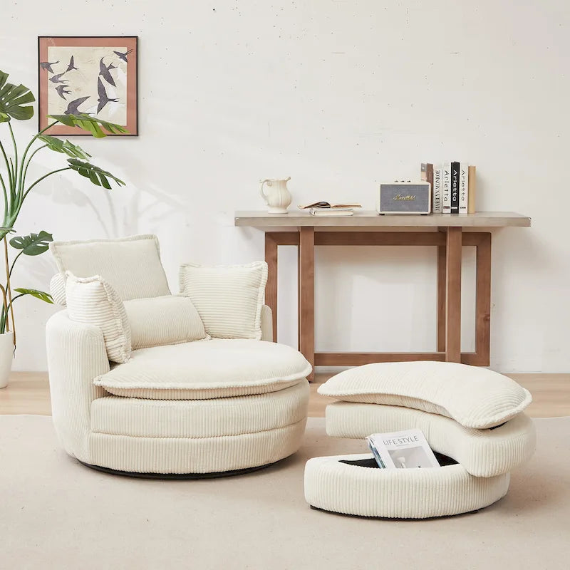 Oversized Swivel Barrel Chair with Storage Ottoman