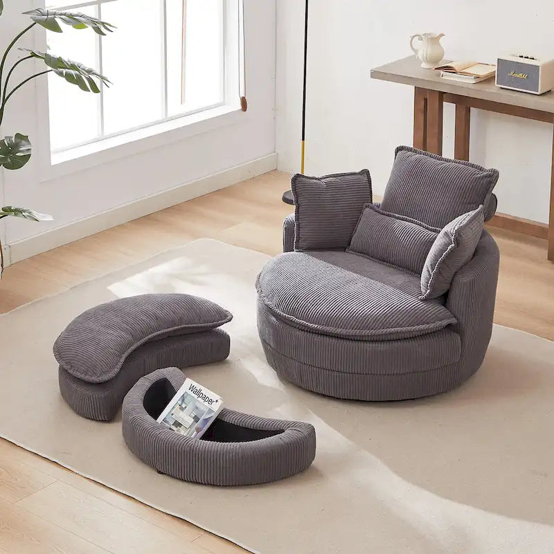 Oversized Swivel Barrel Chair with Storage Ottoman