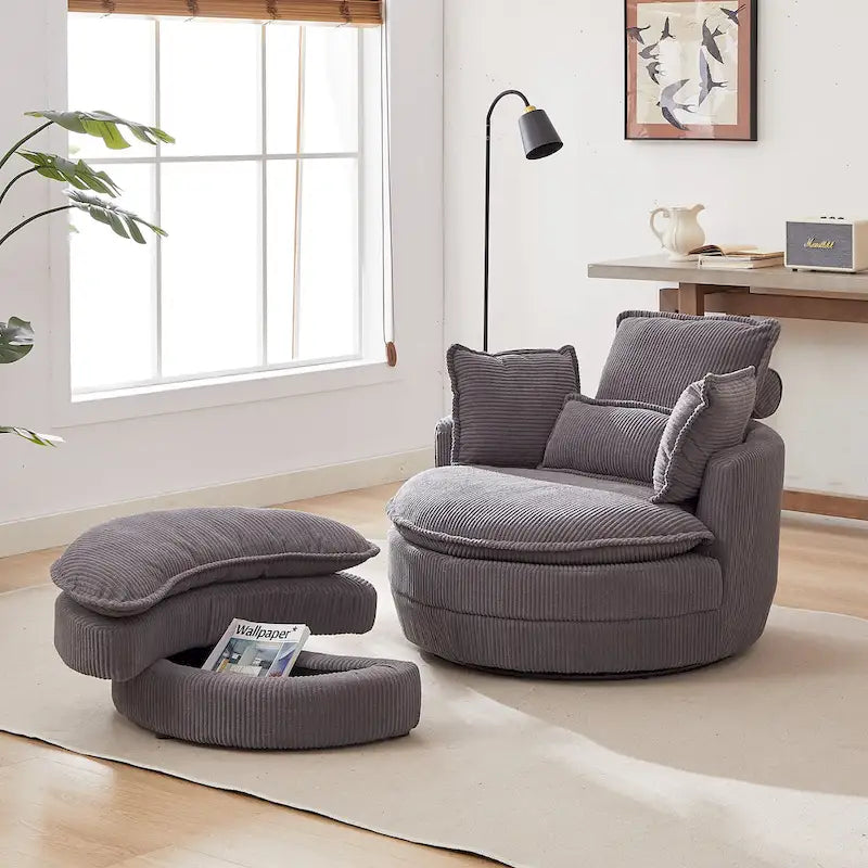 Oversized Swivel Barrel Chair with Storage Ottoman