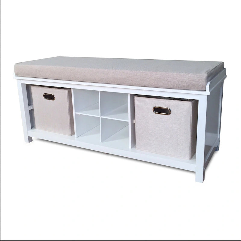 White Solid Wood Entryway Bench with Shoe Storage and Padded Seat