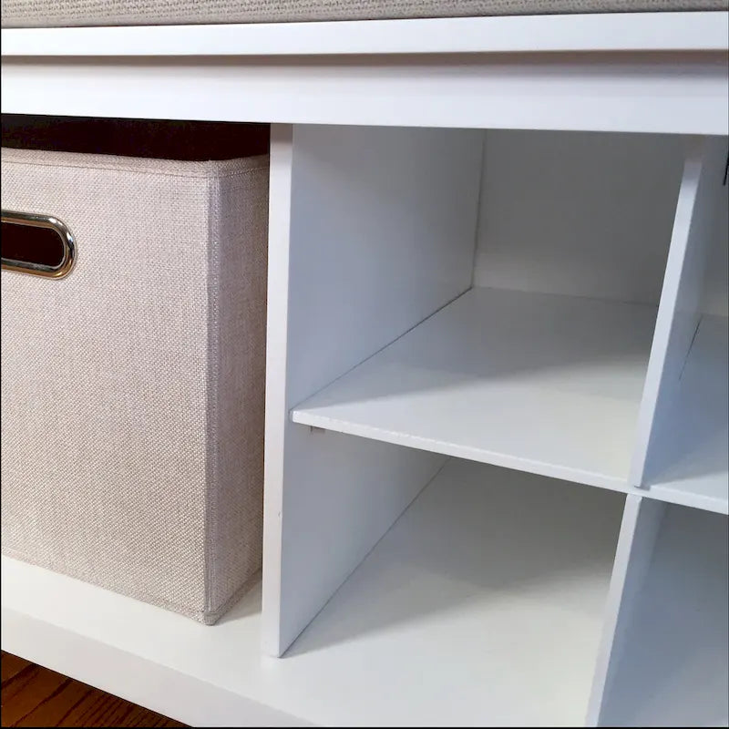 White Solid Wood Entryway Bench with Shoe Storage and Padded Seat
