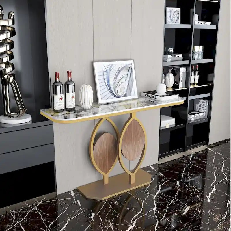 Sintered Stone Console Table with Gold Metal Base for Entryways