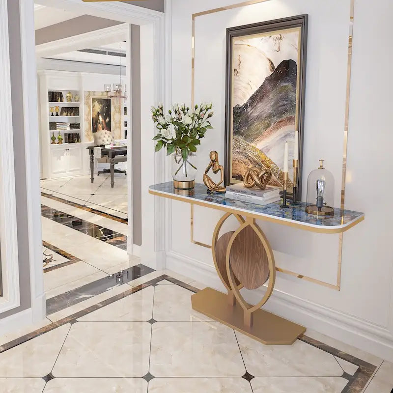 Sintered Stone Console Table with Gold Metal Base for Entryways