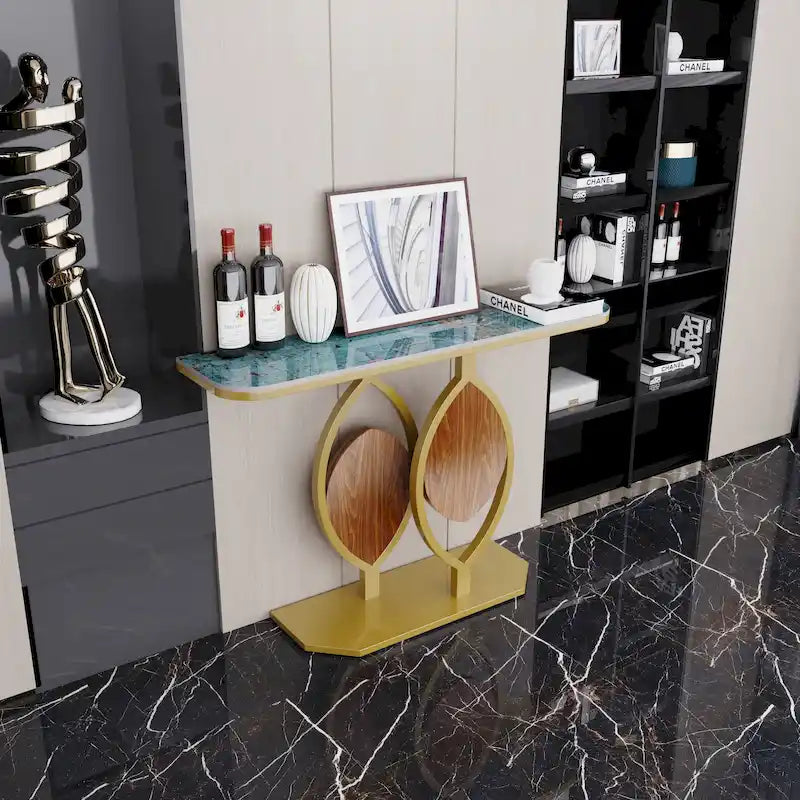 Sintered Stone Console Table with Gold Metal Base for Entryways