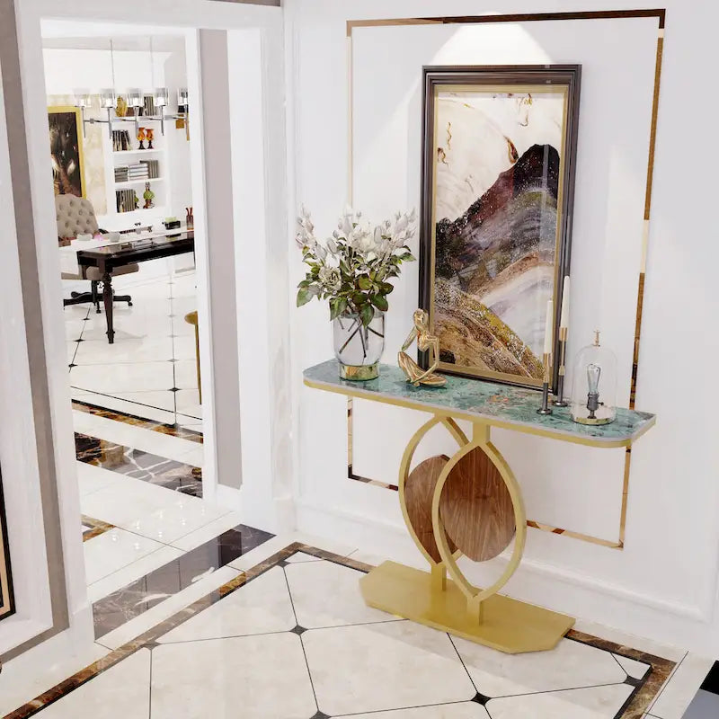 Sintered Stone Console Table with Gold Metal Base for Entryways