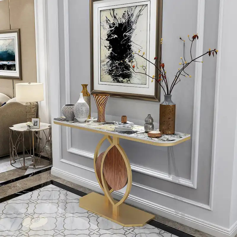 Sintered Stone Console Table with Gold Metal Base for Entryways