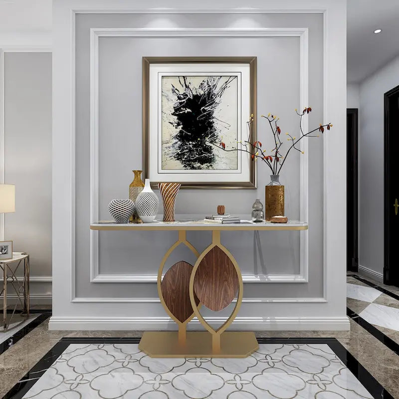 Sintered Stone Console Table with Gold Metal Base for Entryways