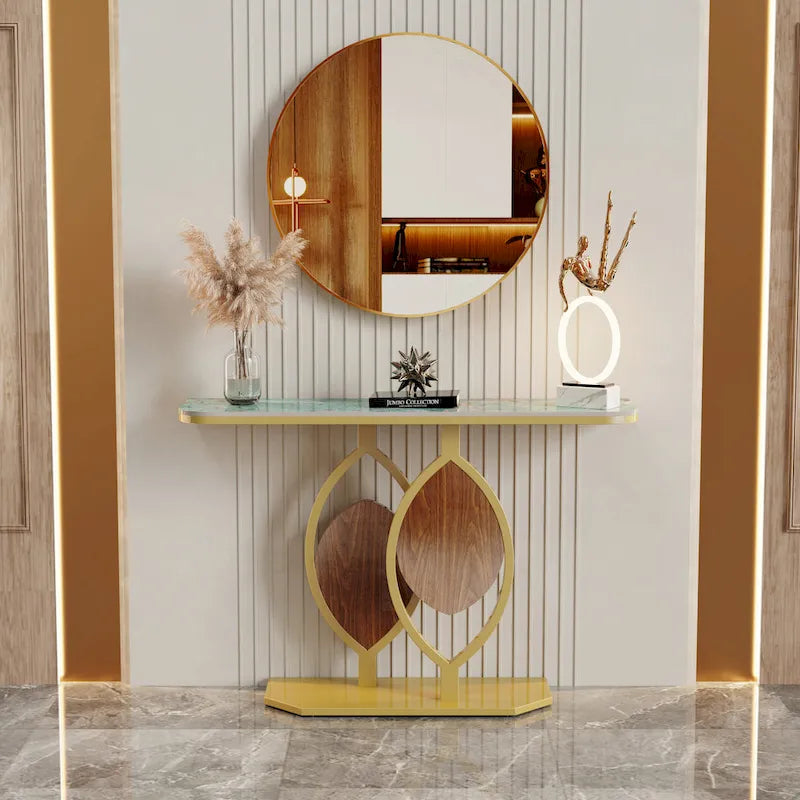 Sintered Stone Console Table with Gold Metal Base for Entryways