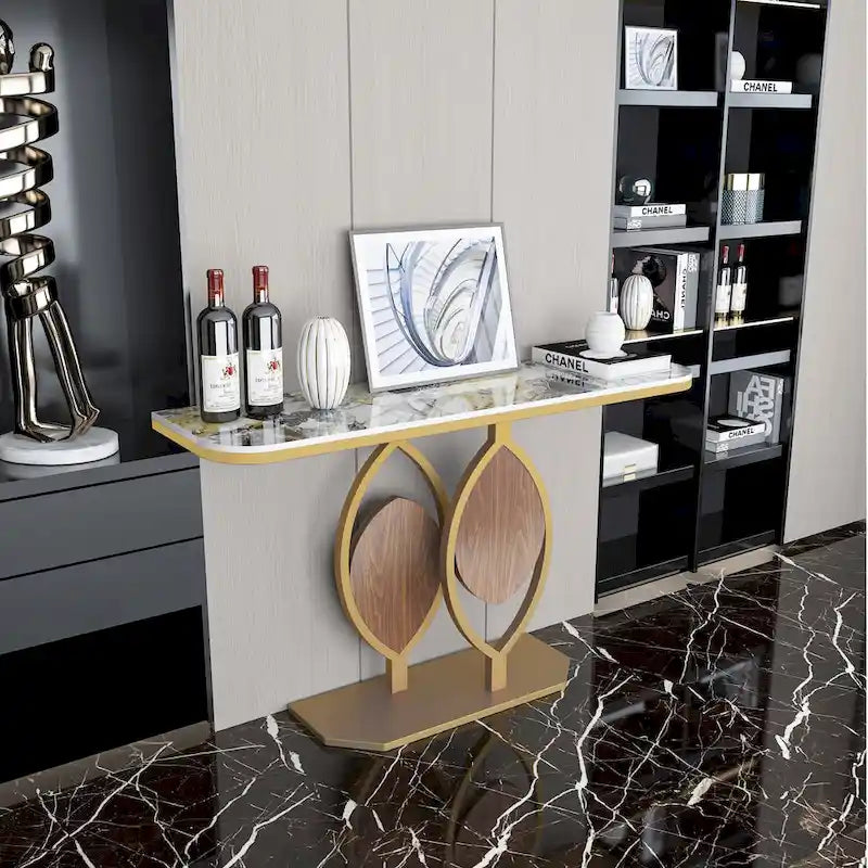 Sintered Stone Console Table with Gold Metal Base for Entryways