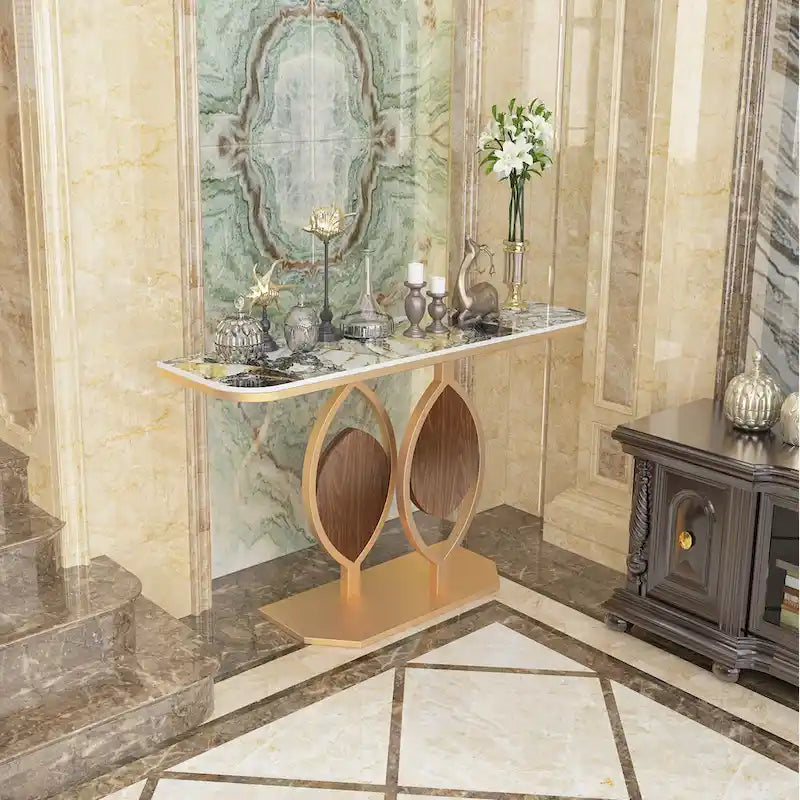 Sintered Stone Console Table with Gold Metal Base for Entryways