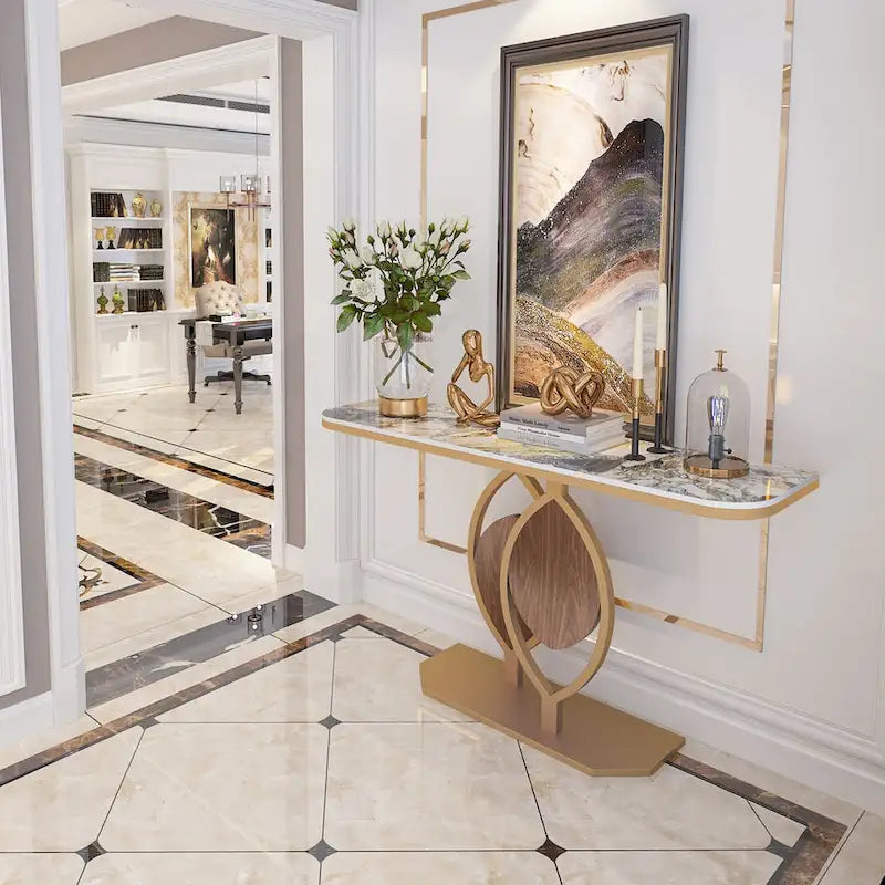 Sintered Stone Console Table with Gold Metal Base for Entryways