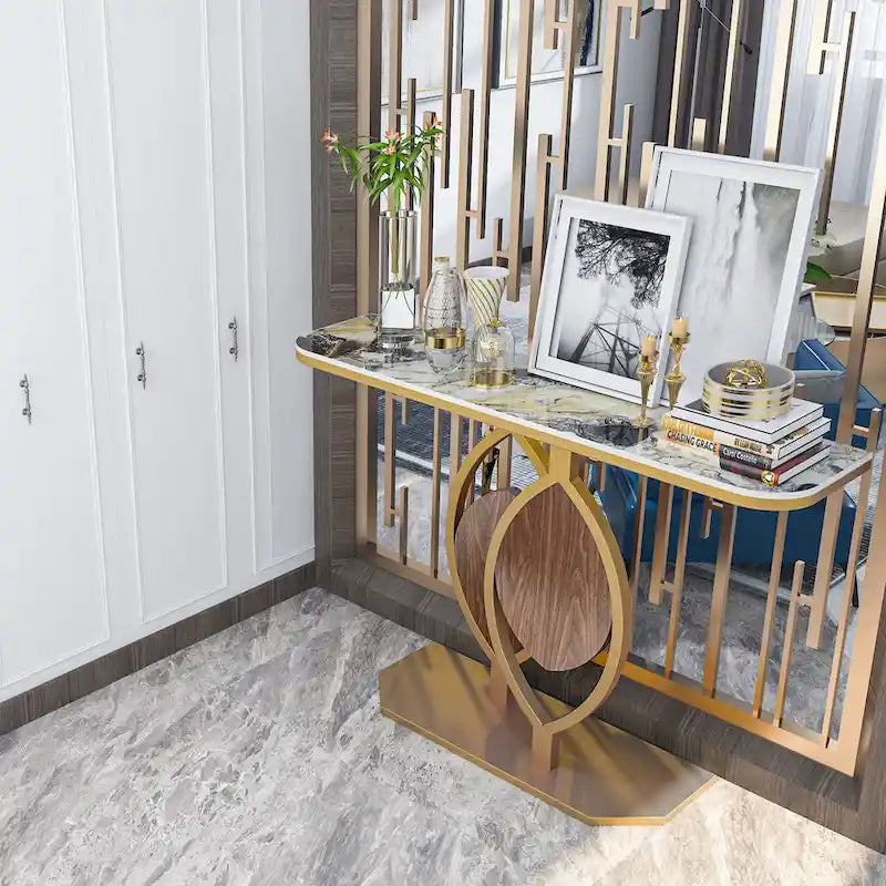 Sintered Stone Console Table with Gold Metal Base for Entryways