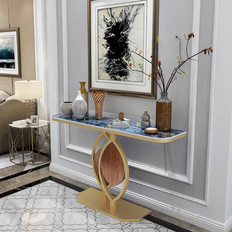 Sintered Stone Console Table with Gold Metal Base for Entryways