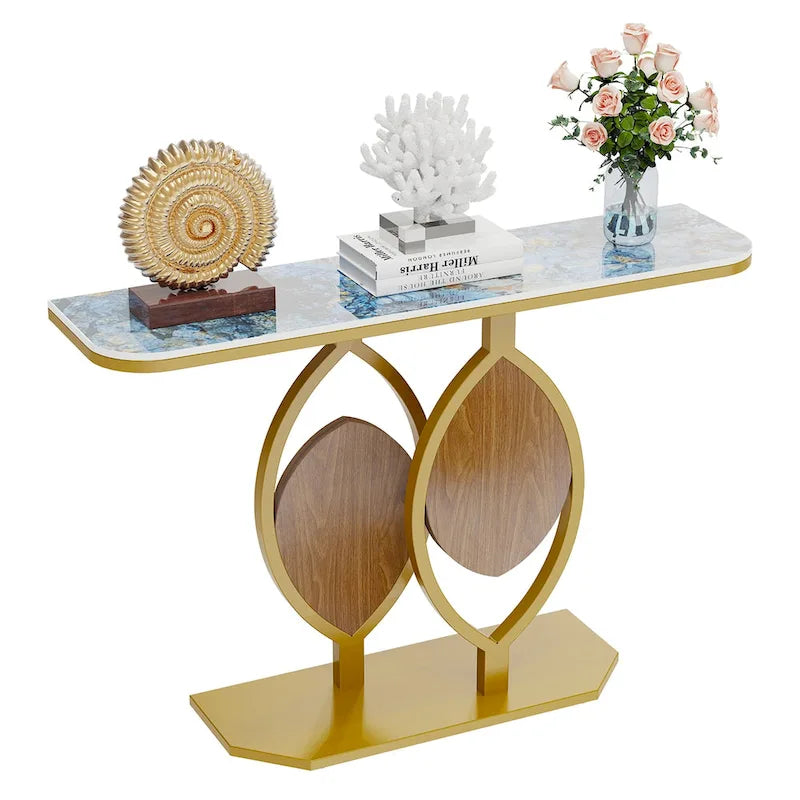 Sintered Stone Console Table with Gold Metal Base for Entryways