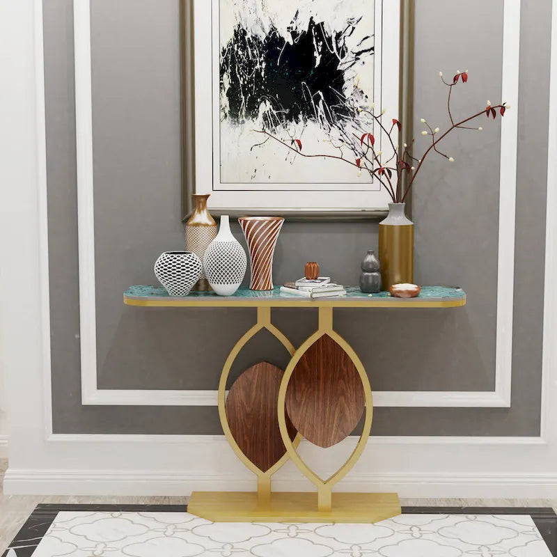 Sintered Stone Console Table with Gold Metal Base for Entryways