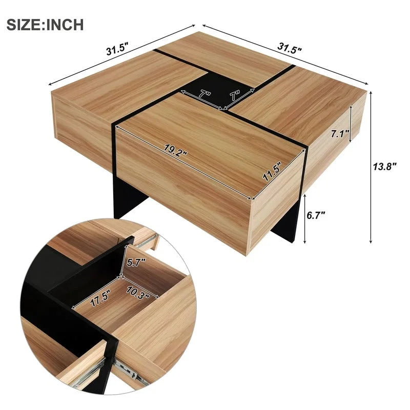 Square Coffee Table with Extendable Top and Four Hidden Compartments