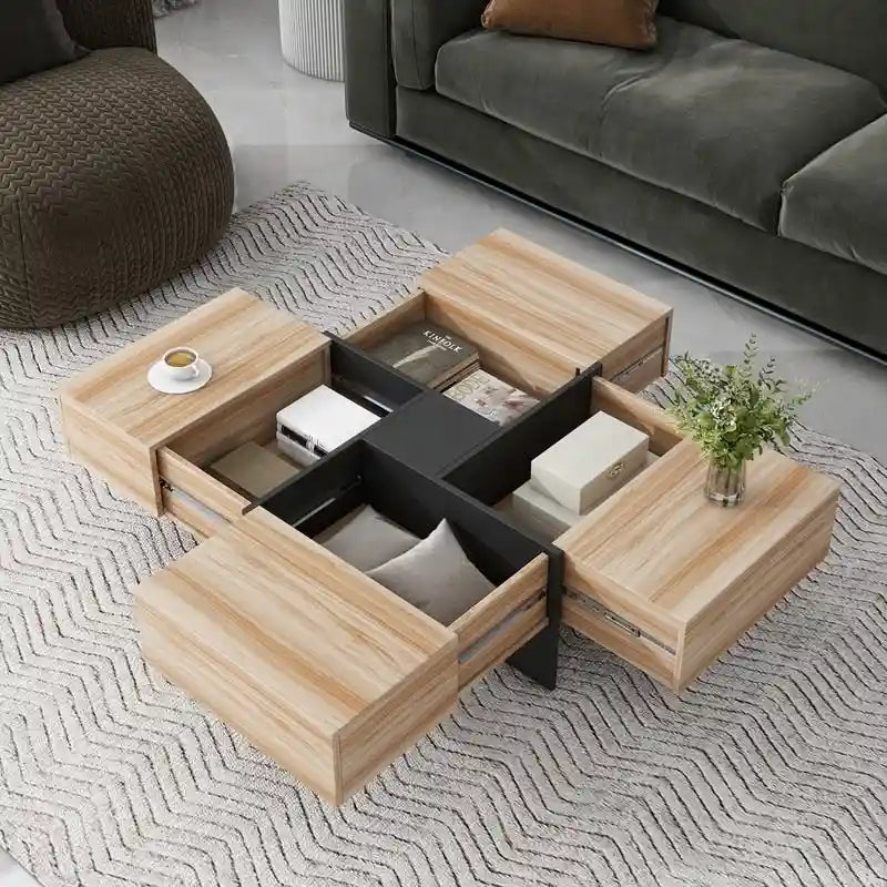 Square Coffee Table with Extendable Top and Four Hidden Compartments