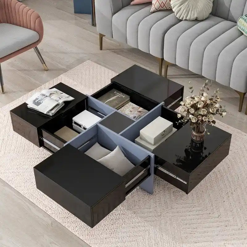 Square Coffee Table with Extendable Top and Four Hidden Compartments