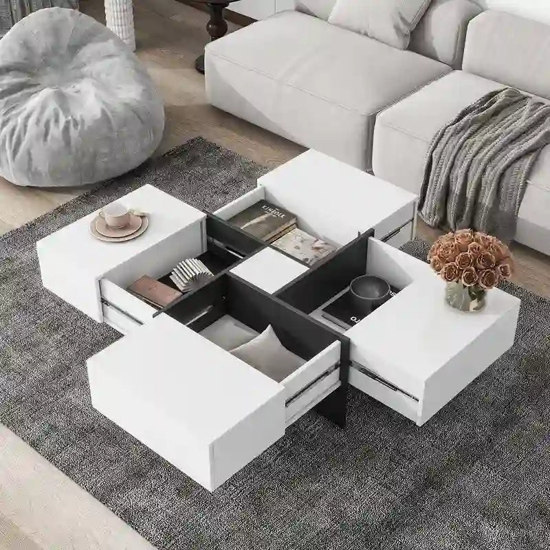 Square Coffee Table with Extendable Top and Four Hidden Compartments