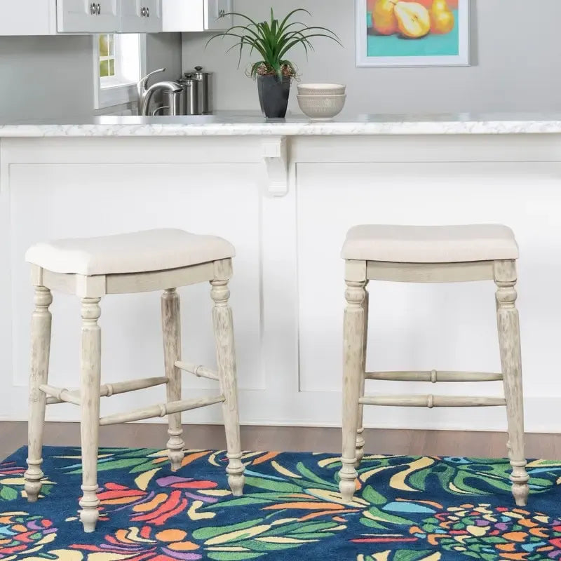 Backless Upholstered Bar Stool with Turned Legs and Padded Seat