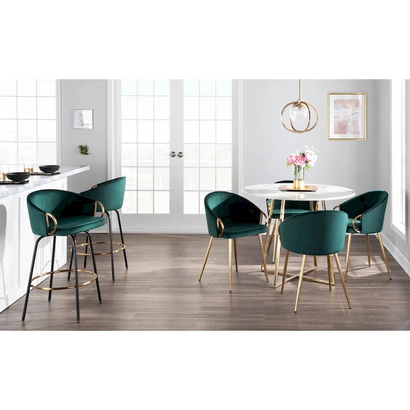 Velvet Swivel Counter Stools with Metal Arms and Gold Footrest