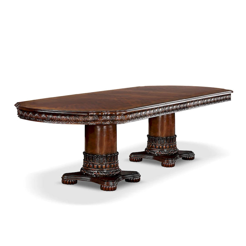 Traditional Expandable Dining Table with Cherry Finish and Pedestal Base