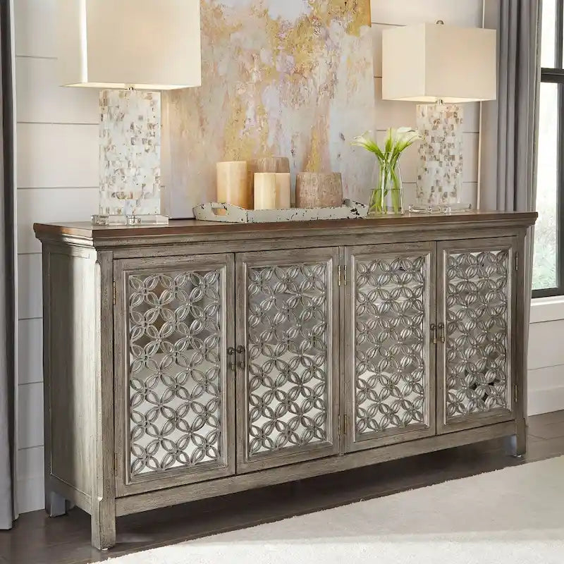 Mirrored Four-Door Accent Cabinet with Floral Details and Shelving