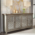 Mirrored Four-Door Accent Cabinet with Floral Details and Shelving
