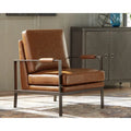 Cognac Faux Leather Accent Chair with Padded Arms and Brass Frame