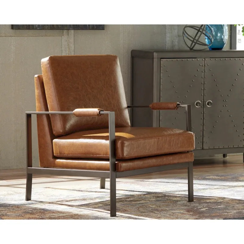 Cognac Faux Leather Accent Chair with Padded Arms and Brass Frame