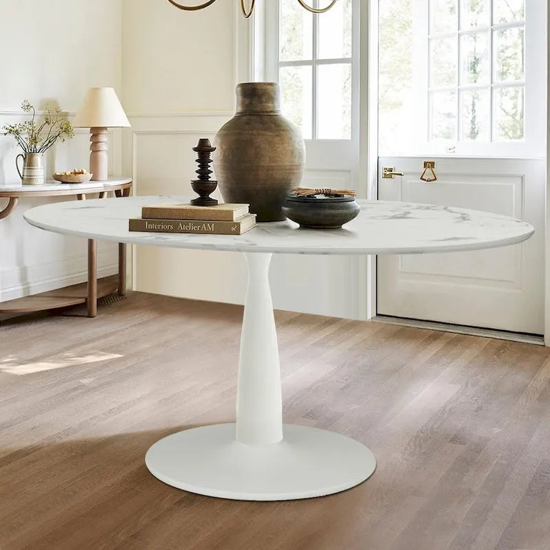 White Oval Faux Marble Dining Table with Pedestal Metal Base