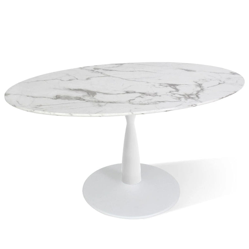 White Oval Faux Marble Dining Table with Pedestal Metal Base