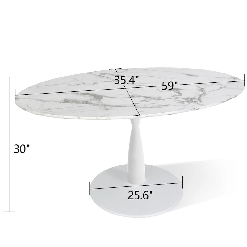 White Oval Faux Marble Dining Table with Pedestal Metal Base