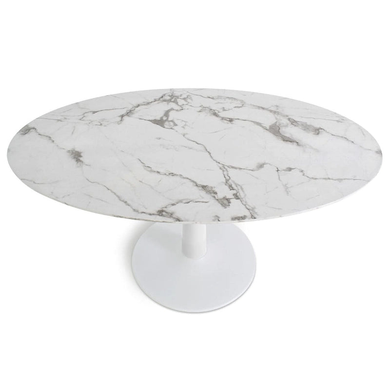White Oval Faux Marble Dining Table with Pedestal Metal Base