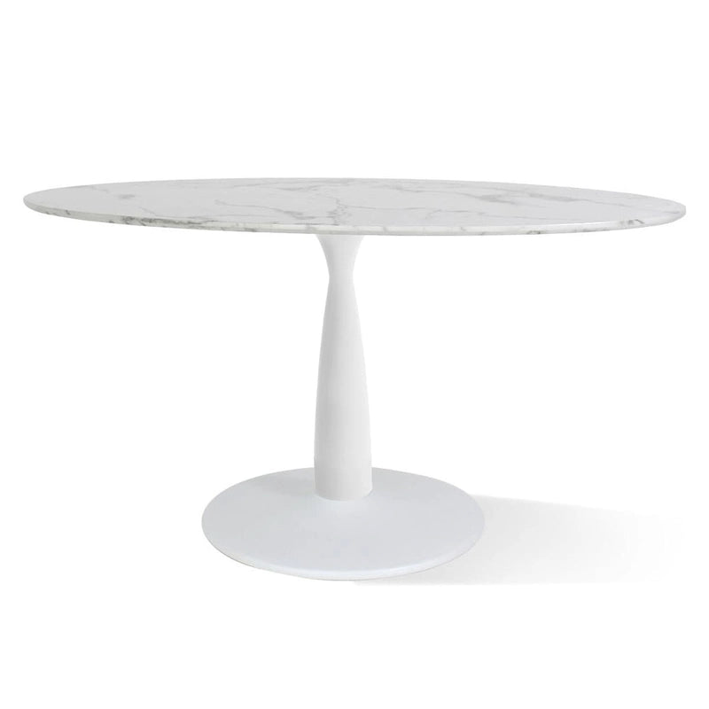 White Oval Faux Marble Dining Table with Pedestal Metal Base