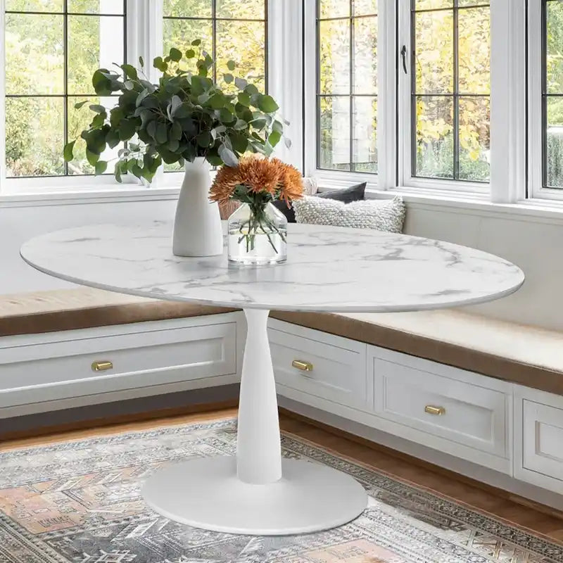 White Oval Faux Marble Dining Table with Pedestal Metal Base