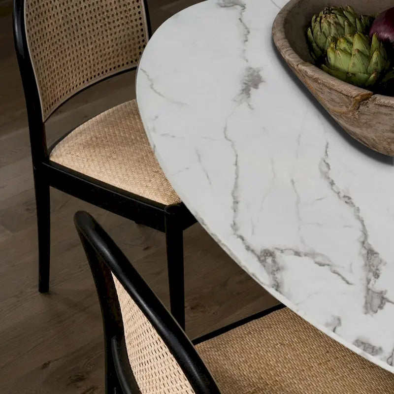 White Oval Faux Marble Dining Table with Pedestal Metal Base