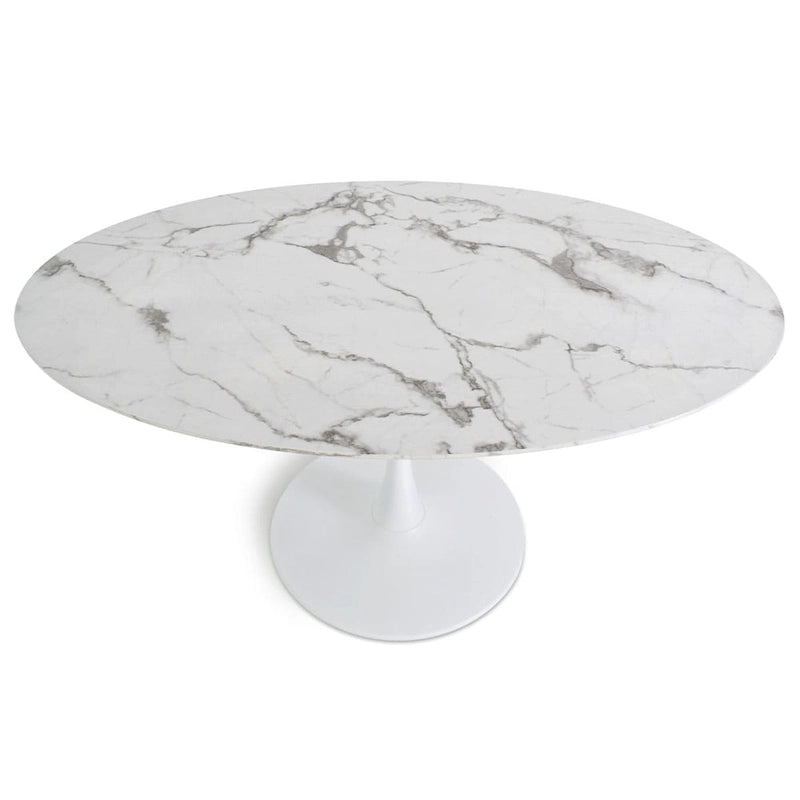 White Oval Faux Marble Dining Table with Pedestal Metal Base