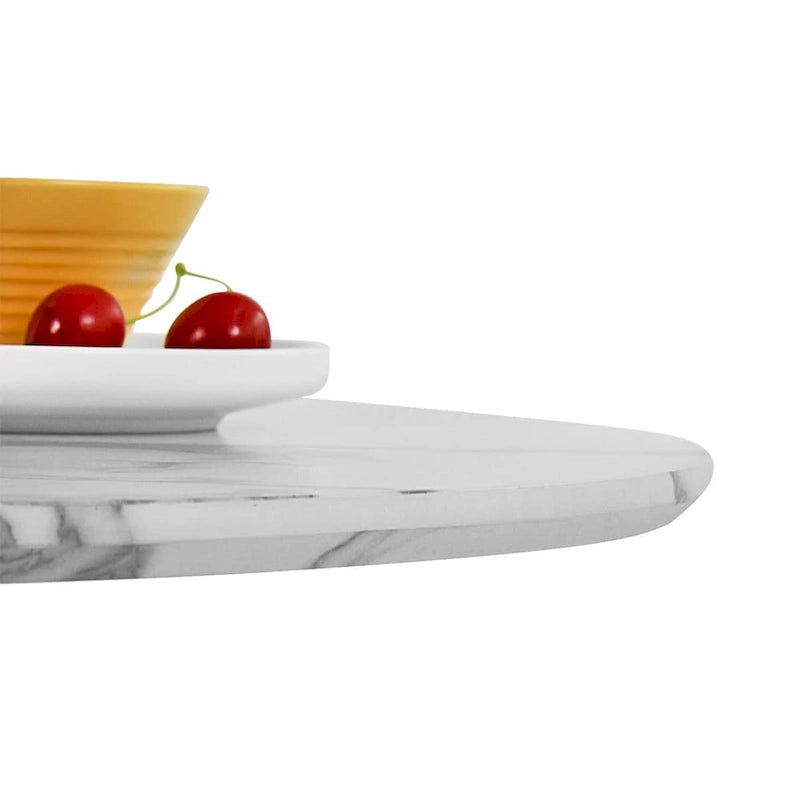 White Oval Faux Marble Dining Table with Pedestal Metal Base