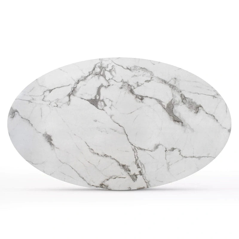 White Oval Faux Marble Dining Table with Pedestal Metal Base