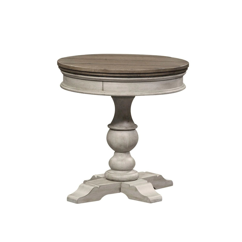 Round Pedestal Chairside Table with X-Base and Planked Top