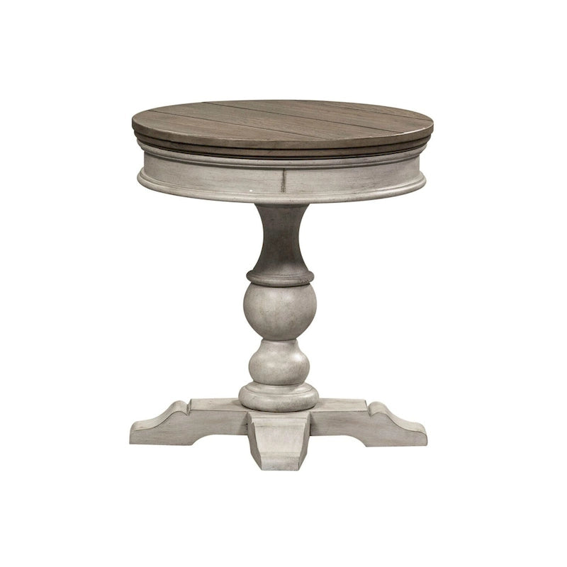 Round Pedestal Chairside Table with X-Base and Planked Top