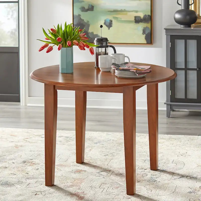Solid Rubberwood Drop-Leaf Dining Table with Space-Saving Design