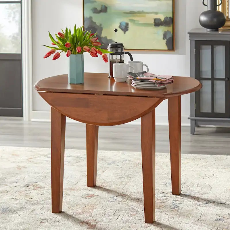 Solid Rubberwood Drop-Leaf Dining Table with Space-Saving Design