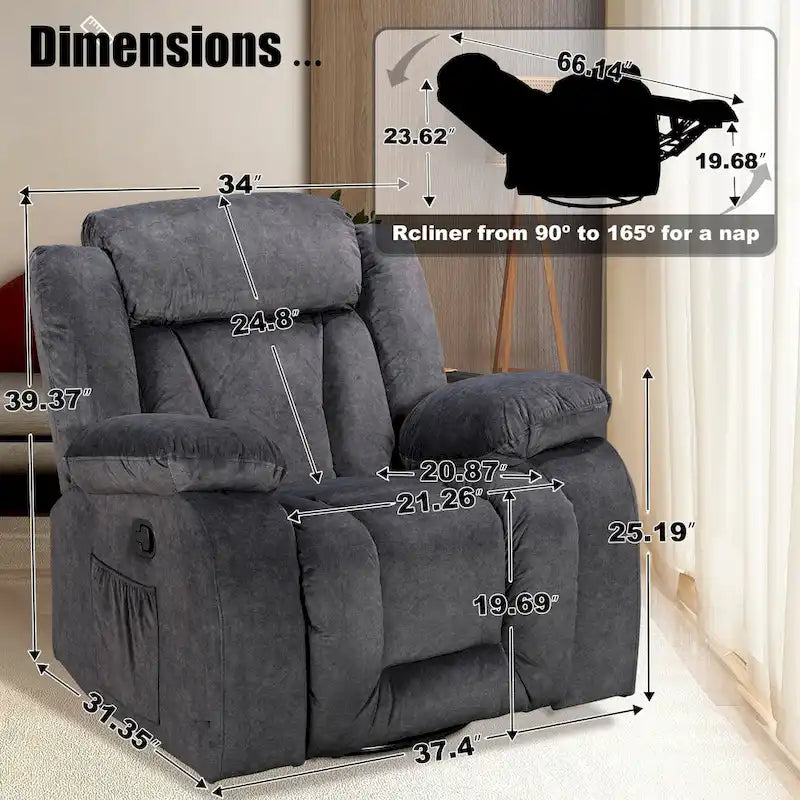 Upholstered Wall-Hugger Recliner with Massage, Heat and Soft Padded Arms