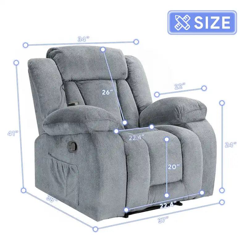 Upholstered Wall-Hugger Recliner with Massage, Heat and Soft Padded Arms