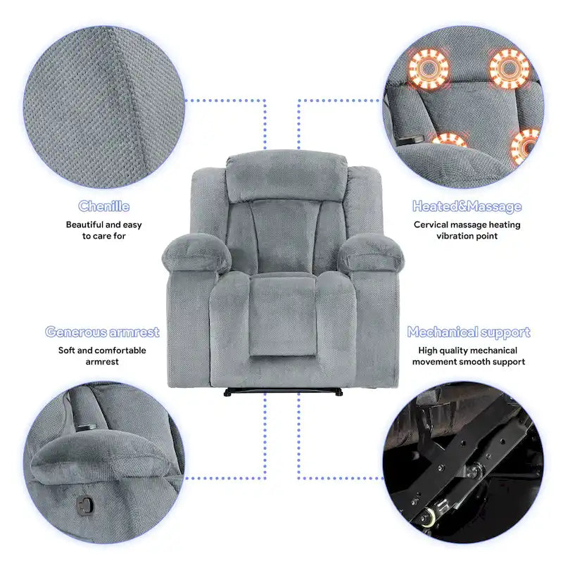 Upholstered Wall-Hugger Recliner with Massage, Heat and Soft Padded Arms