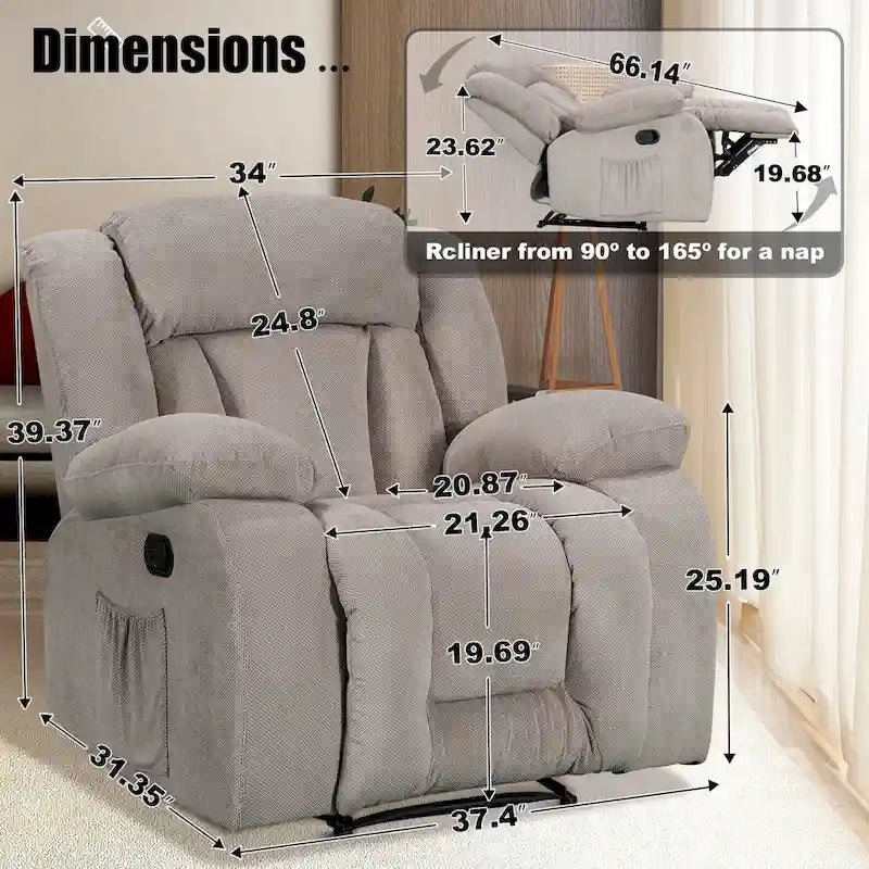 Upholstered Wall-Hugger Recliner with Massage, Heat and Soft Padded Arms
