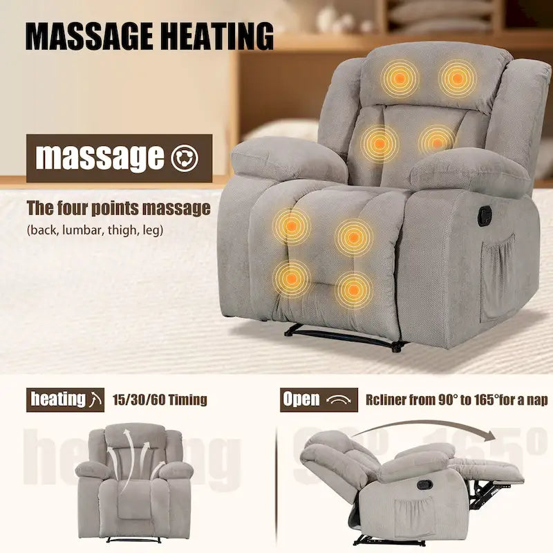 Upholstered Wall-Hugger Recliner with Massage, Heat and Soft Padded Arms
